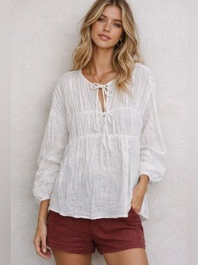 Zara White Tie-Front Peasant Tunic
